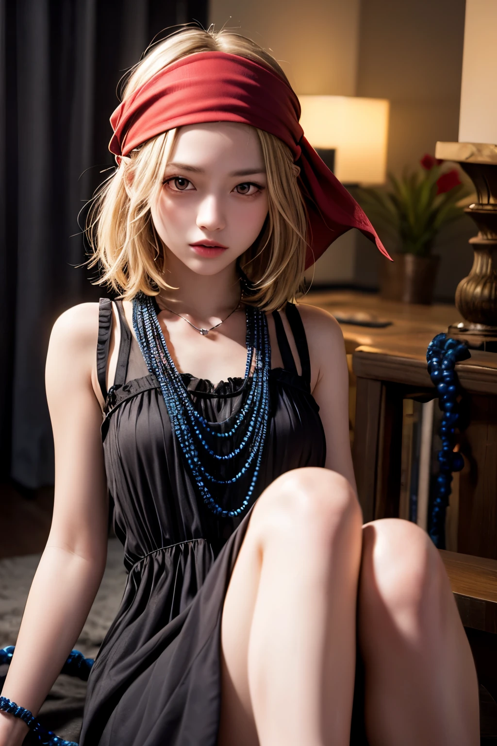 (masterpiece, highest quality), One girl, Beautiful Face, anna kyouyama, Blonde, short hair, (Brown eyes:1.5), bandana, beads, black dress, dress, prayer beads,