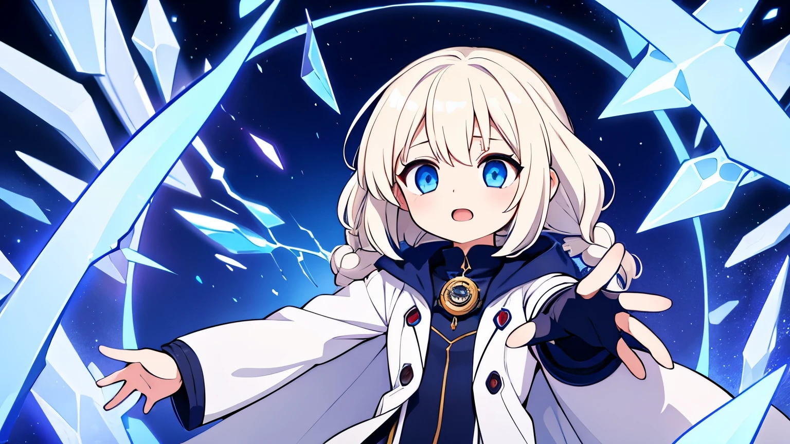 A female alchemist chanting a spell with her hands outstretched,Platinum blonde curly short hair,Partial long hair braids,Ice Blue Eyes,White coat-like jacket,The clothes inside are navy blue,Flying in the sky,Red gemstone shards are floating around her,Final Boss