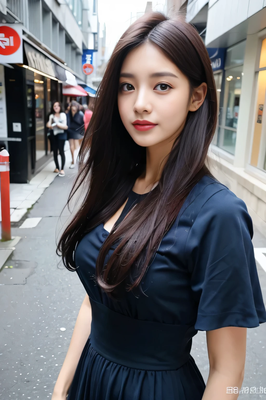 (highest quality、8k、masterpiece:1.3))、One Girl、Laughter、Slim face、Beautiful woman、(Dark blue hair)、Full-length dress:1.1、Ultra detailed face、Detailed eyes、double eyelid、Blurred Background、Slim face、city、Take-out、Street、Light brown curly hair、Layered Cut、length