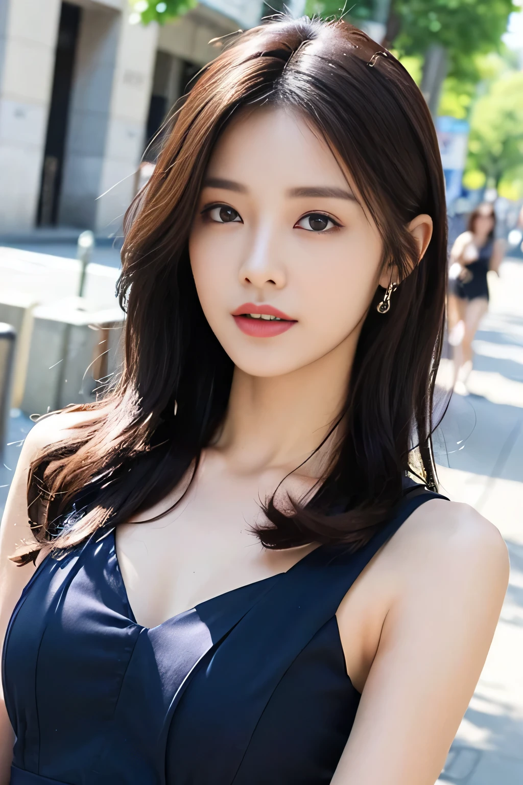 (highest quality、8k、masterpiece:1.3))、One Girl、Laughter、Slim face、Beautiful woman、(Dark blue hair)、Full-length dress:1.1、Ultra detailed face、Detailed eyes、double eyelid、Blurred Background、Slim face、city、Take-out、Street、Light brown curly hair、Layered Cut、length