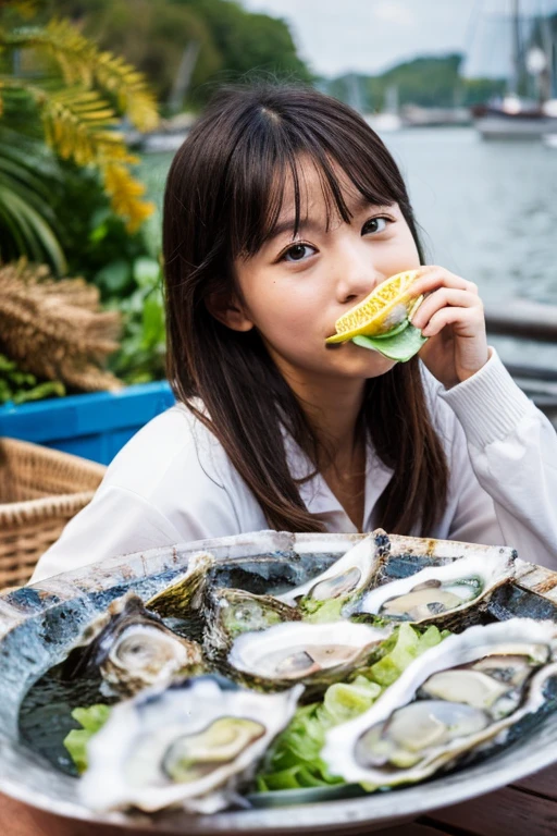 Oyster girl eating raw oysters