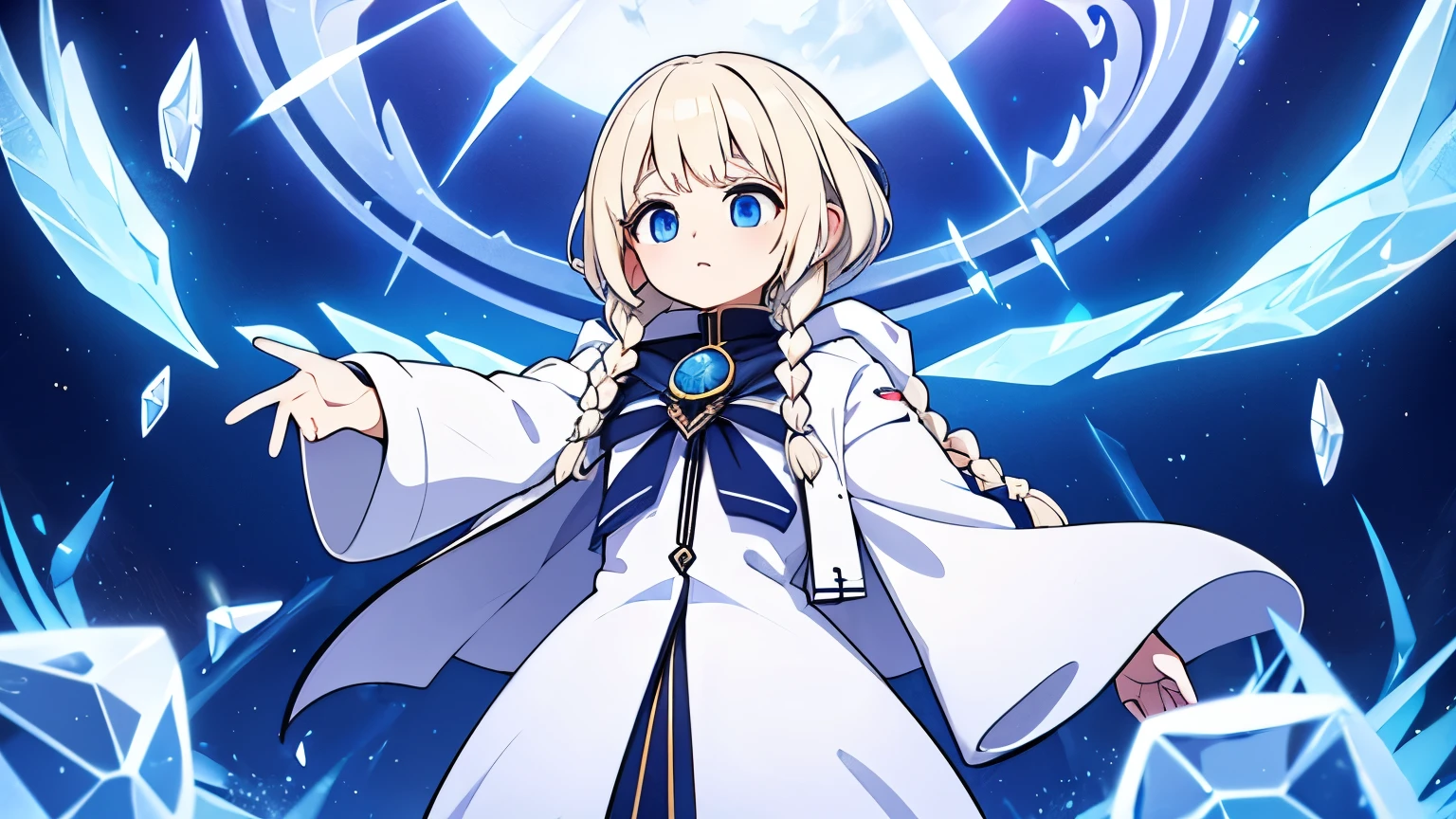 A female alchemist chanting a spell with her hands outstretched,Platinum blonde curly short hair,Partial long hair braids,Ice Blue Eyes,White coat-like jacket,The clothes inside are navy blue,Flying in the sky,Red gemstone shards are floating around her,Final Boss