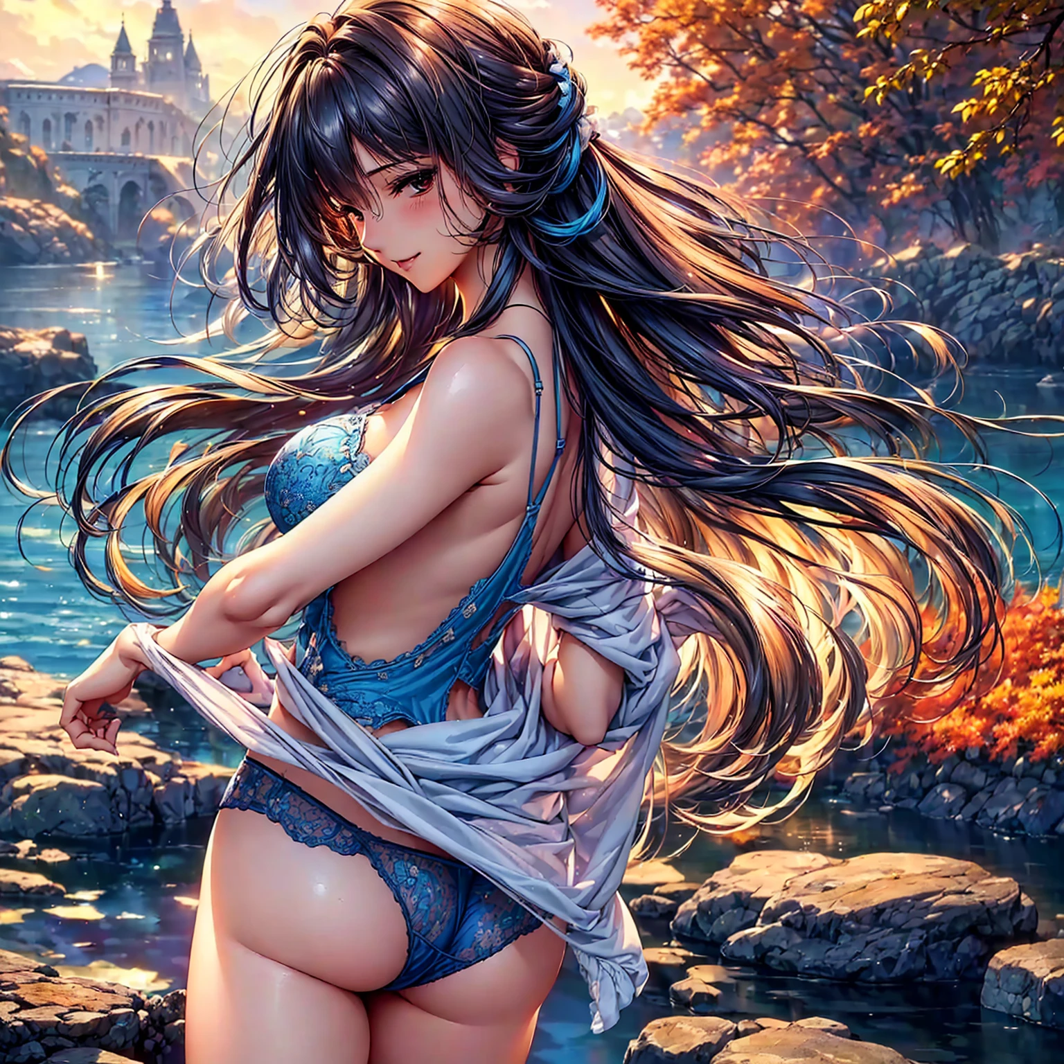 (((highest quality、masterpiece、Very high resolution、Highly detailed images)))、(((Beauty Painting))),(A woman of perfect and ultimate beauty:18-year-old, Beautiful body,Beautiful breasts:F Cup、Beautiful Face:smile、Various Hair Styles)、(Best skin and hair texture)、(((underwear:Cute blue bra and panties))),Mystical Waterfront:Beautiful waterfall and autumn leaves,Night Sky:Starry Sky,Natural light,Beautiful views,Beautiful colors,Model shoot:Beautiful pose,Hair blowing in the wind,(Realistic portraits,Overall image、Accurate Images、Accurate anatomy、Flawless images,Perfect image,Overall image),(Best Shot,RAW Photos:1.2)