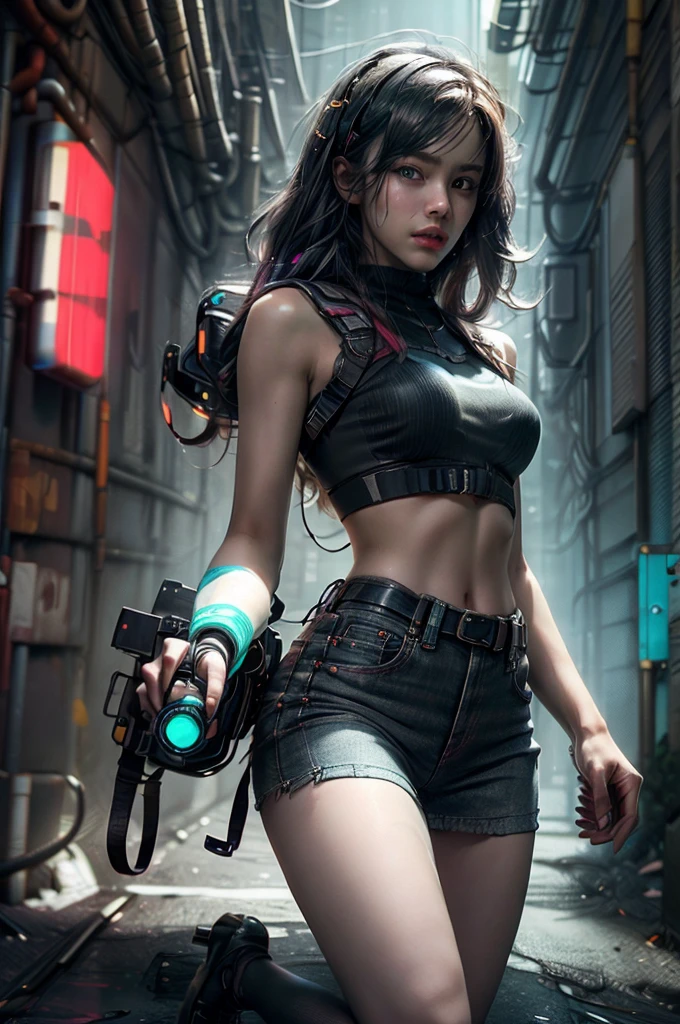 unreal engine:1.4,CG K ultra realistic, photorealistic:1.4, skin texture:1.4, artwork 1girl, Gatling gun, Casing, looking at viewer, dynamic pose, Blows, ammunition belt, gloves, large breasts not disproportionate, shooting , extremely detailed:1.4, more detailed, optical mix, playful patterns, animated texture, unique visual effect, or cyberpunk yellow color, red pantyhose, yellow leather miniskirt, masterpiece, ((colors, cyan, greens, pink, brown: 1.2)), 8k realistic digital art)), 32k