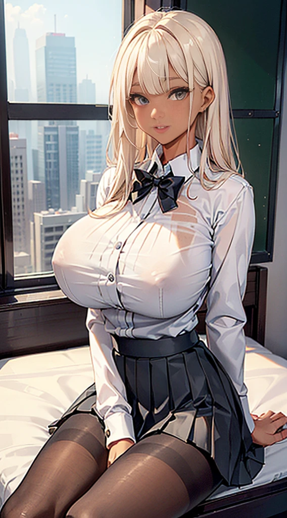 One Girl, High quality, Ultra detailed, best quality, insanely detailed, beautiful, masterpiece, cute, smile,((Short pleated skirt, White shirt, Schools in South Korea:1.3)), sexy, A girl showing off her attractive breasts, ((Platinum Blonde Hair, Long Hair)),Pink Orb, fine grain, Beautiful Eyes, Delicate eyes, ((Hourglass Shaped Body, sexy body)), Correct Anatomy, Correct limbs, ((Huge breasts:1.1)), Juicy lips, Pouting, [Detailed Background (Schools in South Korea, South Korea Colleges and Universities, Seoul, South Korea)]BREAK((Black pantyhose)),((Side Shot)),((View from between the legs)),((tan skin:1.6))