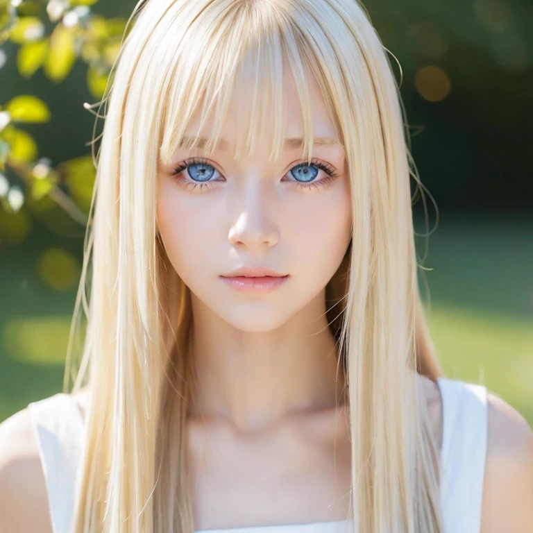 Super long straight hair、Beautiful blonde girl posing in a white top、bangs on the face、bangs over eyes、Blonde hair above the eyes、Real Life Beautiful Girl、16-year-old blonde beautiful girl、A beautiful platinum blonde girl who shines beautifully、Very beautiful, bright, large light blue eyes、very big bright eyes