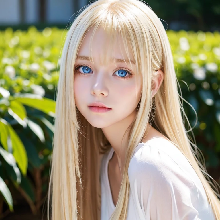 Super long straight hair、Beautiful blonde girl posing in a white top、bangs on the face、bangs over eyes、Blonde hair above the eyes、Real Life Beautiful Girl、16-year-old blonde beautiful girl、A beautiful platinum blonde girl who shines beautifully、Very beautiful, bright, large light blue eyes、very big bright eyes