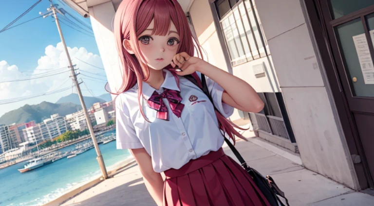 anime girl del lado izquierdo, ropa de colegiala, fondo de acapulco, pelo rosa, 