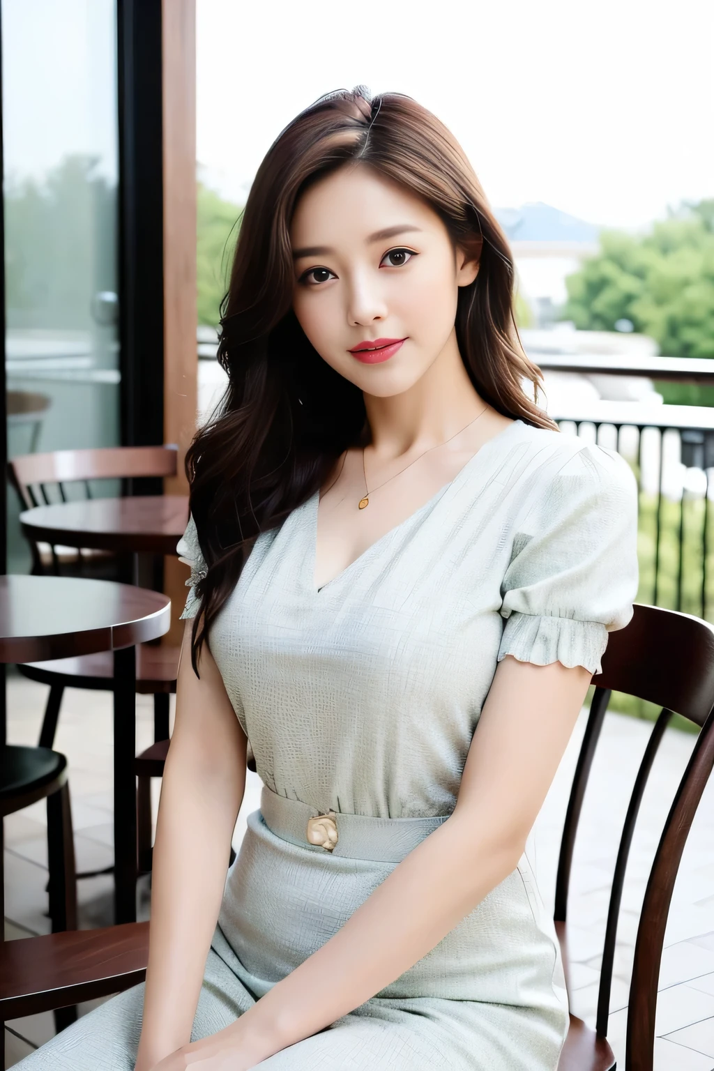 Draw lips correctly, red lipstick, from chest up, best quality, Super detailed, lifelike, Super fine skin, perfect anatomy, (1 日本Mature的女人), (alone),Wear a floral green round neck dress,short sleeve,wavy long hair,37-year-old female,Mature,charming smile,garden background,stand,Slightly fat,medium chest,full-body shot。