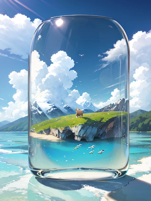 Summer, meadows, a few small flowers, clear lakes, sheep, heaven, large clouds, blue sky, hot weather, HD detail, hyper-detail, cinematic, surrealism, soft light, deep field focus bokeh, distant vistas are snowy mountains, ray tracing, and surrealism. --v6