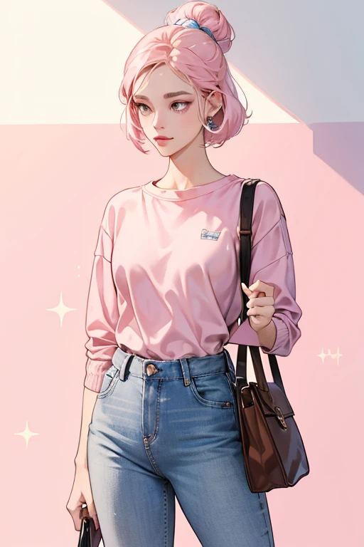 She wears a light pink sweater, similar to the animated Pearl's pink shirt, and a gray T-shirt to invoke Pearl's gray color. She also wears blue jeans and brown flats, and carries a purse. SPARKLE; GLITTER