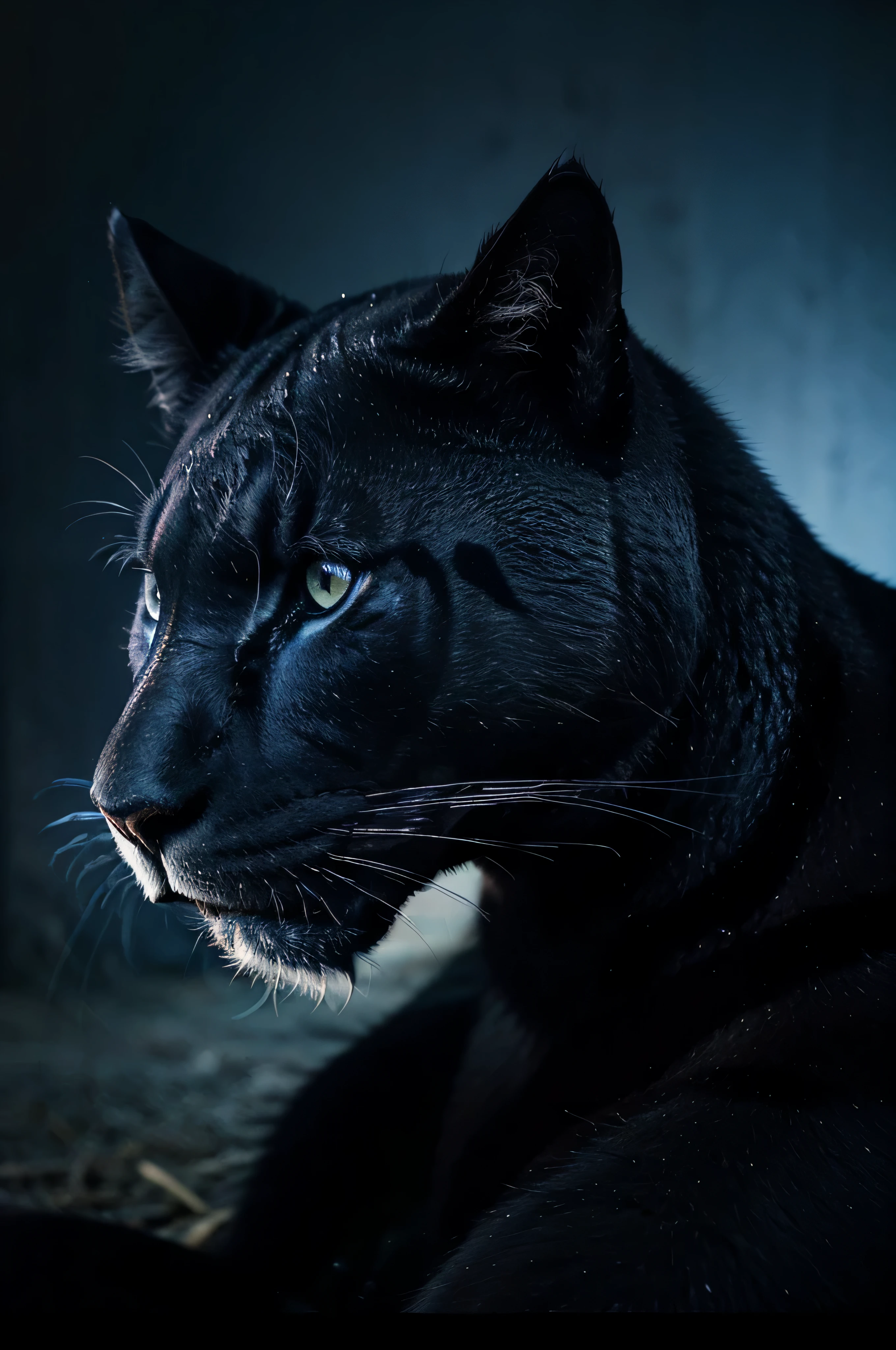 A stunning photograph of a black panther from the animal realm. awesome ink. predator. stunning color impact. Zoo animals on a dark blue background with a lighter blue overlay. Generative AI