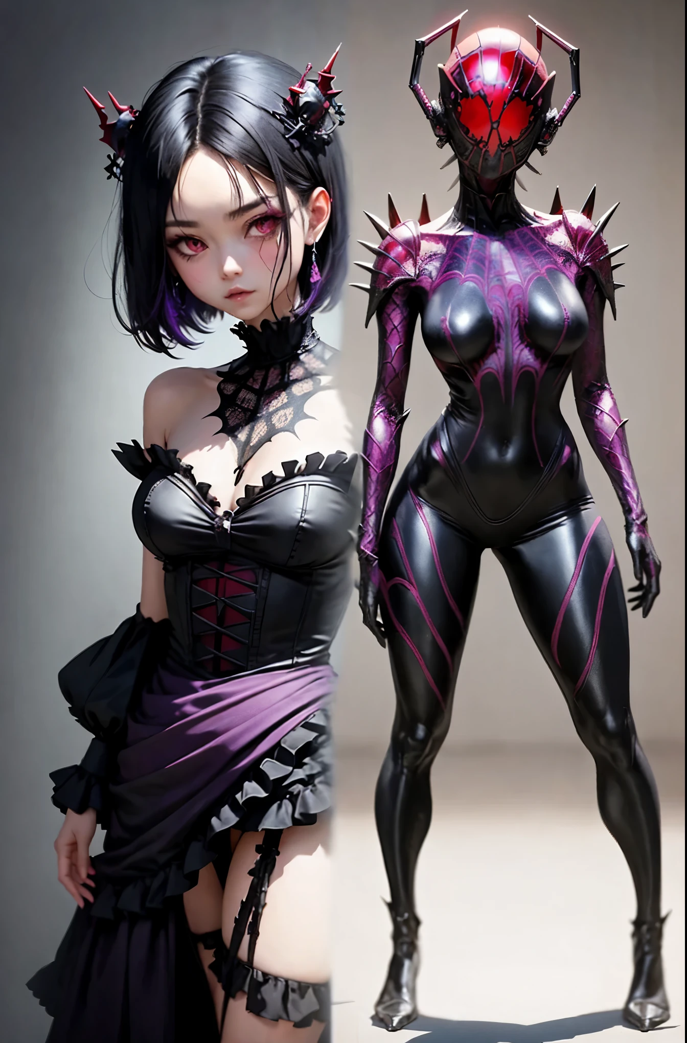 Beautiful girl fused with a spider. (High quality) （black and red and purple image color）. body suit. Japanese kimono motif. cyber style. spider web. spike accessory. Biological Armor. Biological helmet. eye mask.