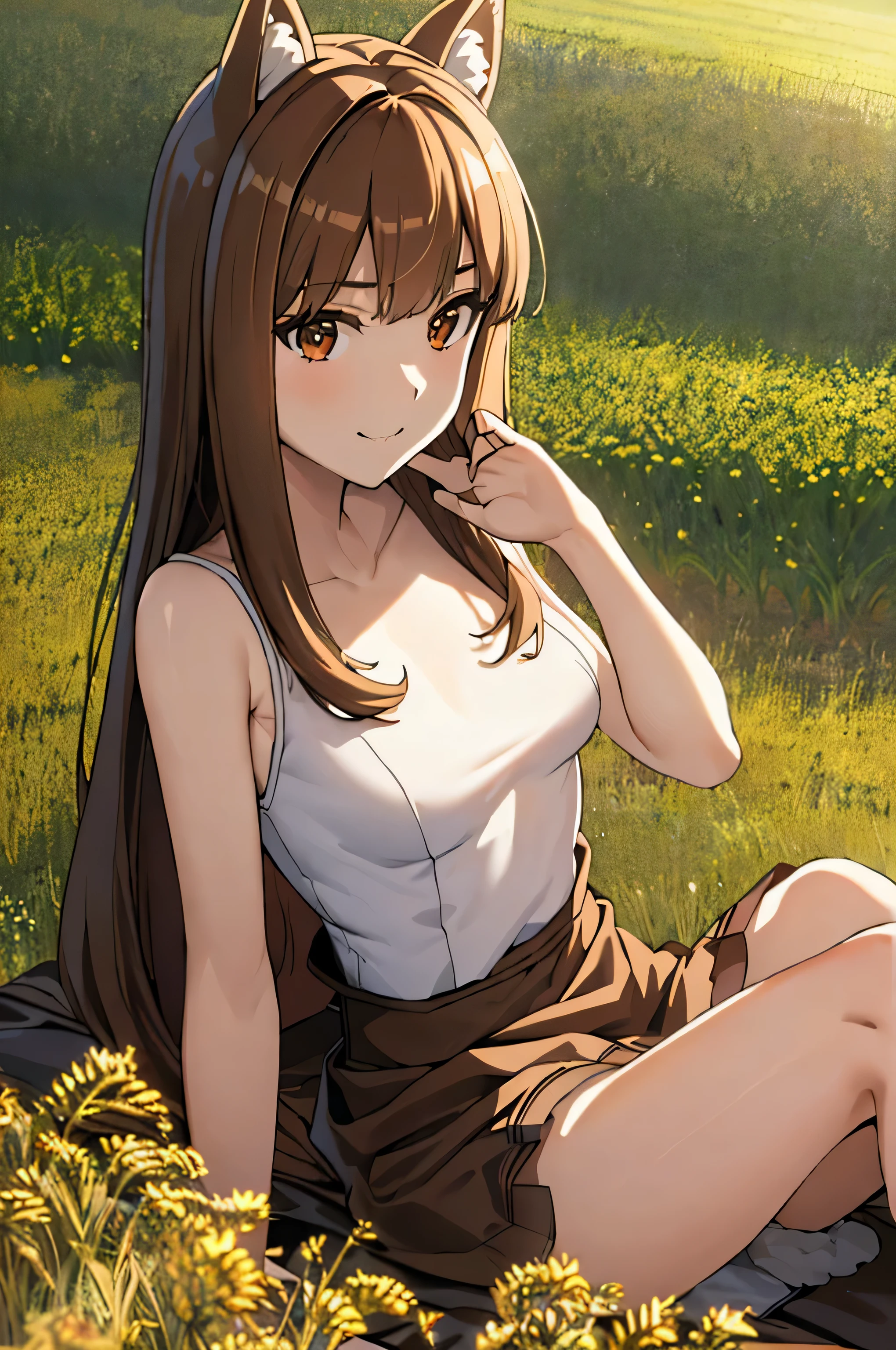 masterpiece, highest quality:1.2), Wheat field, holo, alone,Sitting, (SEXY Pose), Long Hair, Brown Hair, Dog ears, smile, (Large Breasts:1.2), White Mini Bra, (Panties are visible:1.6, small, White), (mini skirt:1.4, Brown leather), (Fluffy tail grows,From the waist)