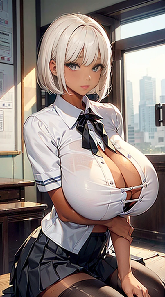 One Girl, High quality, Ultra detailed, best quality, insanely detailed, beautiful, masterpiece, cute, smile,((Short pleated skirt, White blouse, Schools in South Korea:1.3)), sexy, A girl showing off her attractive breasts, ((Platinum Blonde Hair, bob Hair)),Pink Orb, fine grain, Beautiful Eyes, Delicate eyes, ((Hourglass Shaped Body, sexy body)), Correct Anatomy, Correct limbs, ((Huge breasts:1.6)), Juicy lips, Pouting, [Detailed Background (Schools in South Korea, South Korea Colleges and Universities, Seoul, South Korea)]BREAK((Black pantyhose)),((Side Shot)),((View from between the legs)),((tan skin:1.6))