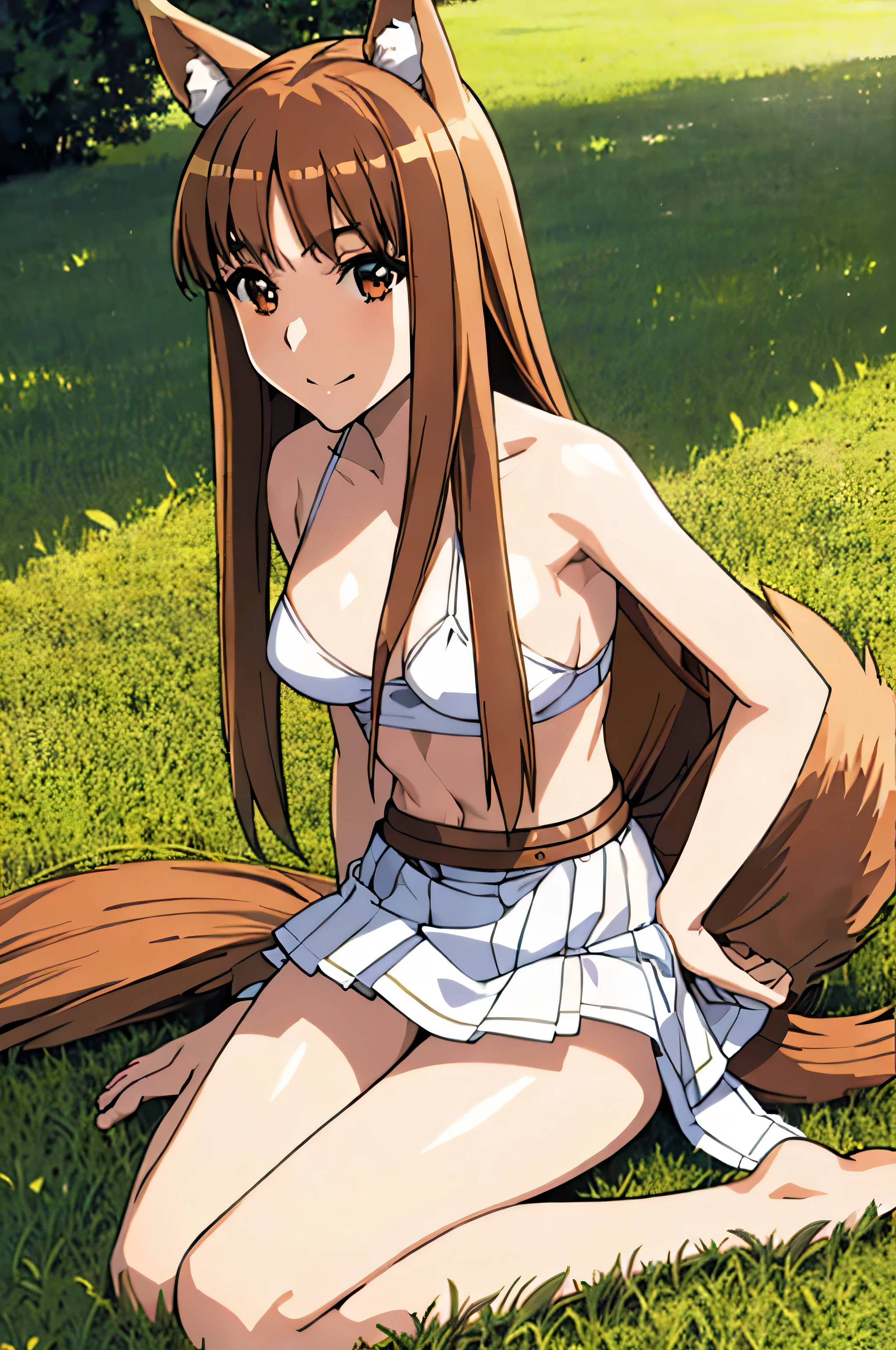 masterpiece, highest quality:1.2), Wheat field, holo, alone,Sitting, (SEXY Pose), Long Hair, Brown Hair, Dog ears, smile, (Large Breasts:1.2), White Mini Bra, (Panties are visible:1.6, small, White), (mini skirt:1.4, Brown leather), (Fluffy tail grows,From the waist)