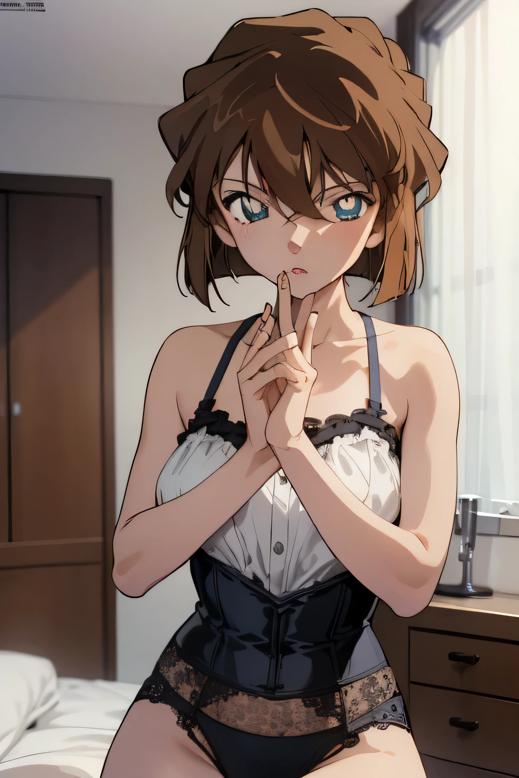 One girl,,Haibara Ai ,Detective Conan, short hair,masterpiece ,8k unity wallpaper,Anime key visual,highest quality, High resolution, unity 8k wallpaper, (shape:0.8), Highly detailed face,Highly detailed eyes,Shining Eyes , Shiny skin,Fine skin,White skin,dense skin,Detailed Hair,Very elaborate legs,Perfect lighting, Detailed CG, (Perfect hands, Perfect Anatomy),High resolution,(Detailed wear ),Thin limbs, Delicate curves, Graceful Hands,shape:0.8,In underwear, Sexy corsets, lace and lingerie with great detail,Bedroom, ((masterpiece)), (((highest quality))), ((Super detailed)) , break (masterpiece:1.2), highest quality, High resolution, unity 8k wallpaper, (figure:0.8), (Detailed and beautiful eyes:1.6), Highly detailed face, Perfect lighting, Extremely detailed CG, (Perfect hands, Perfect Anatomy),