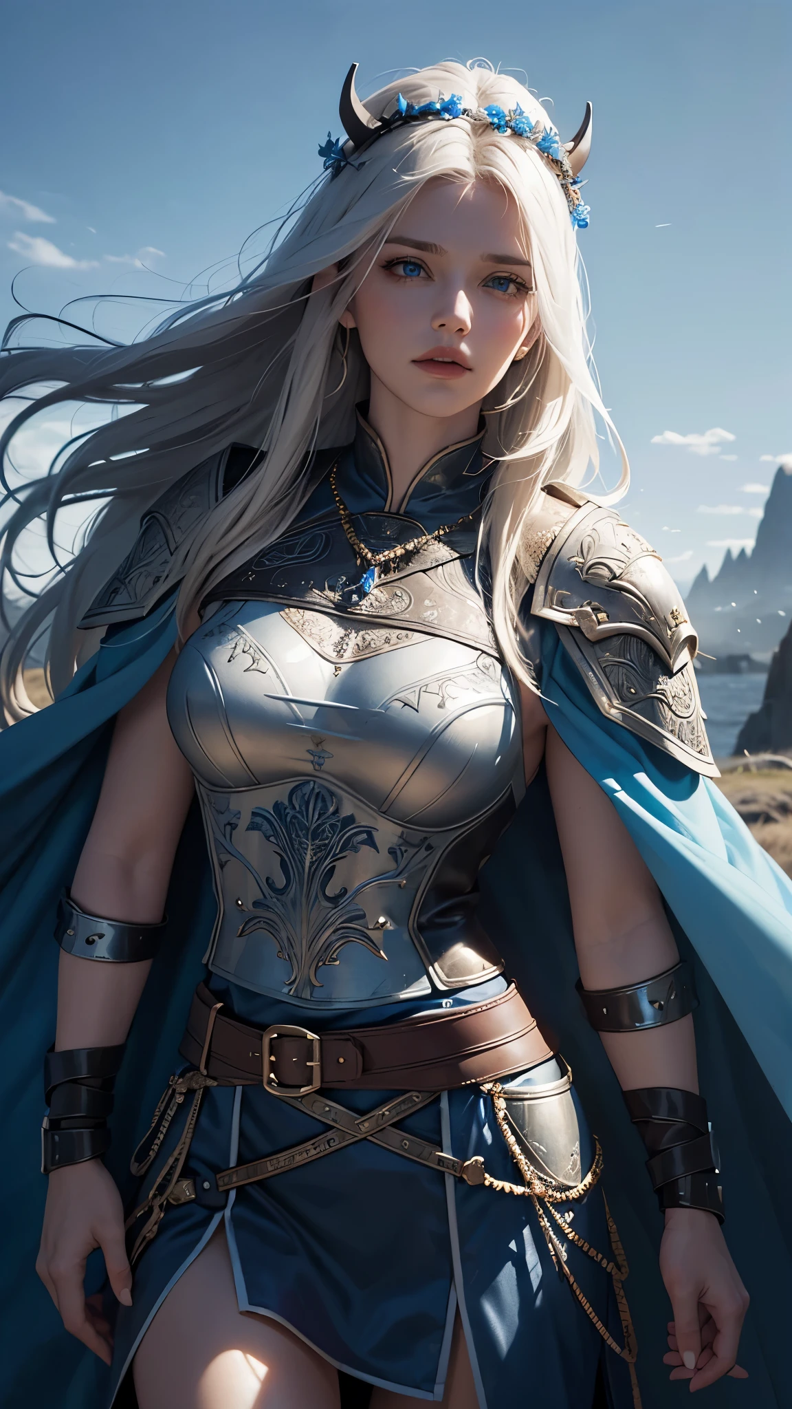 a photorealistic portrait of a viking beauty on top of a cliff, (best quality,4k,8k,highres,masterpiece:1.2),ultra-detailed,(realistic,photorealistic,photo-realistic:1.37),viking girl,blue eyes,long white hair,beautiful detailed eyes,beautiful detailed lips,extremely detailed eyes and face,long eyelashes,strength and determination,strong female character,adorned with intricate pendants and stitch work,in a fierce pose,background of a majestic Nordic landscape,sharp focus,physically-based rendering,professional,vivid colors,portrait,cool color tones,(soft diffused lighting), BREAK she has majestic straight hair on the wind, mature woman, (wearing a flower crown:1),(she is wearing a leather armor, leather breastplate), (blue cape, blue cloak in the wind), hyperdetailed, dramatic lighting, detailed shading, BREAK perfect face, expressive eyes, epressive girl, confidend body language, (viking clothes, belts,)
