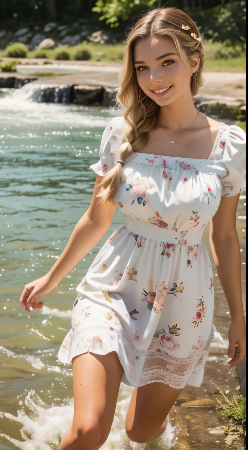 Foto hiperrealista en primer plano de Emily Sears, masterpiece, best quality, (photorealistic:1.4), full body, (floral midi midi church dress with short sleeves with round neck:1.1), brown sandals, summing and jumping in the river, she is wet, summer day, cinematic light, beautiful woman, skinny, large breasts, blond hair tied in a braid, detailed face, smile, facing the camera, photo taken from a distance, age of 20 years old