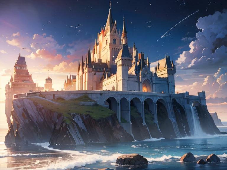 A National Geographic, award winning, picture of a mighty castle on top of cliff watching the blue coast, there is a large sea and rolling waves, eagles fly above, its a fantasy castle, the sun is setting, ant you can see the moon rising, ultra wide shot, photorealistic, RAW, fantasy art, dnd art, fantasy art, realistic art,