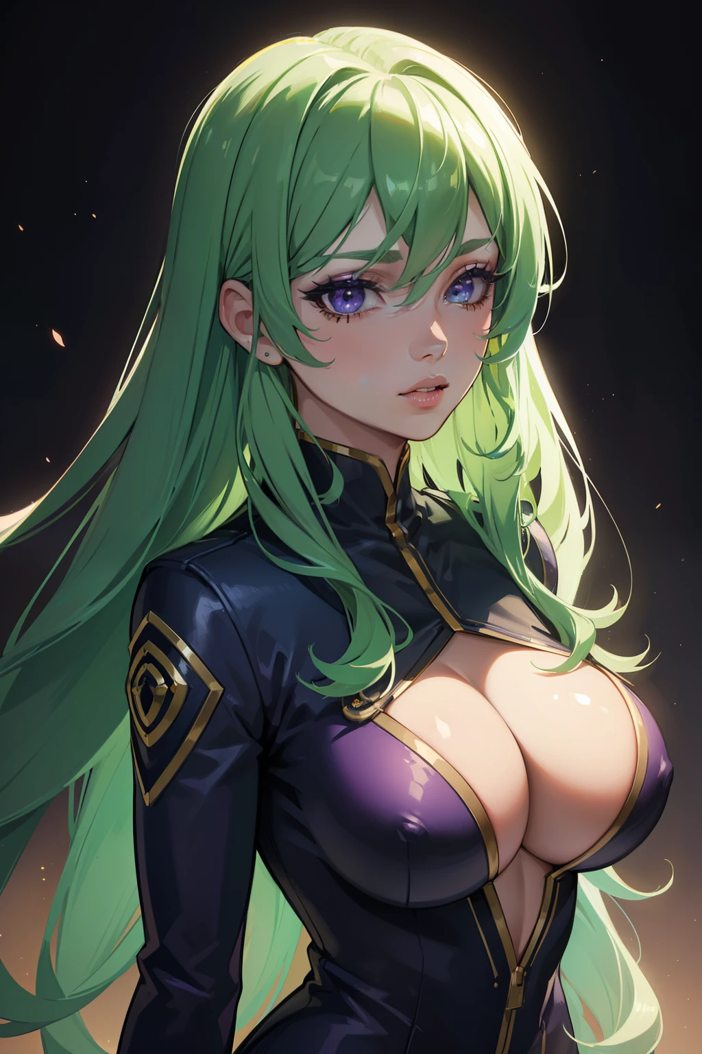 ((best quality,ultra-detailed,realistic)),HDR,UHD,studio lighting,1girl,professional,vivid colors,bokeh,portrait,green hair,light green hair,beautiful detailed purple eyes,very long hair,pale skin,curvaceous,concrete,shadow,dark atmosphere, black aviator outfit with purple led lights,pretty, delicate features, long lashes, big lips, beautiful, straight hair, long lashes, big lips, beautiful, straight hair, purple led lights, ((magic backgound)), magical suit, ((aviator suit)), (((detailed face))), (((detailed eyes)))