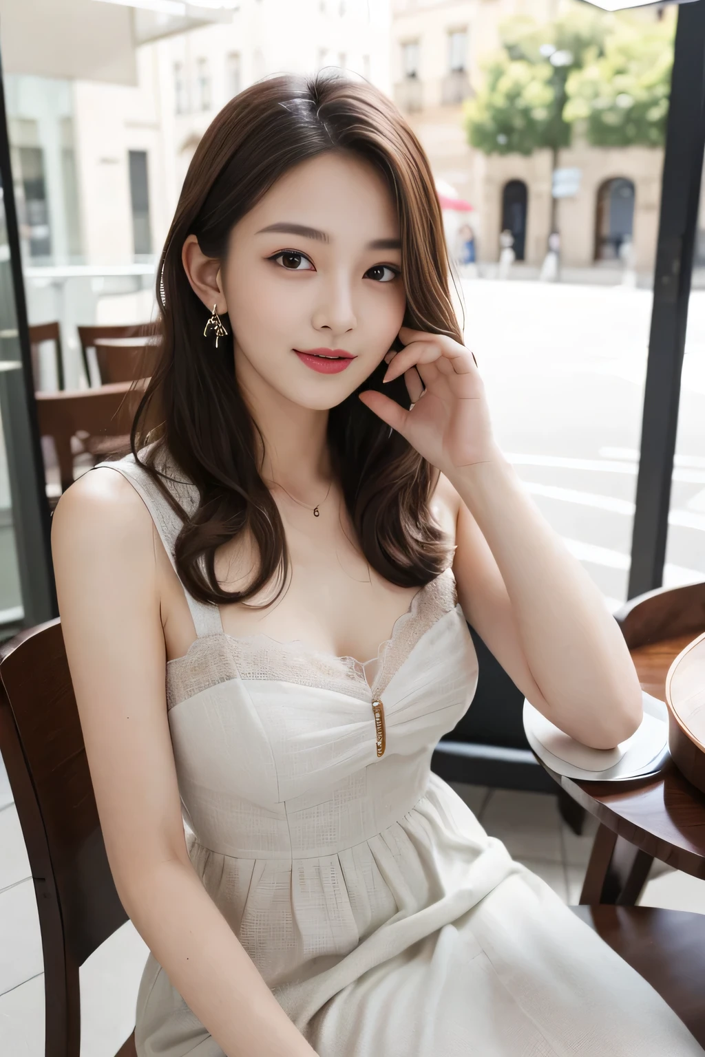 (highest quality、8k、masterpiece:1.3))、One Girl、Laughter、Slim face、Beautiful woman、Full-length dress:1.1、Ultra detailed face、Detailed eyes、double eyelid、Blurred Background、Slim face、Cafe Terrace、Light brown curly hair、Sitting in a chair、