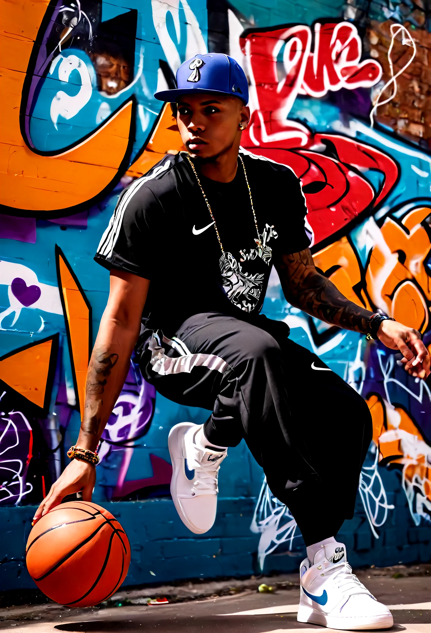 Jogador de basquete em um beco、(super detalhe)、(8k)、((moda hip-hop))、(parede de graffiti)、(corpo inteiro Esbian)、(rosto hiperdetalhado)、(feet detailed detail)、(cara legal)、(agachado)、(tenis da nike)、(bola de basquete) 、(figuras de revista recortadas de skete, hiop hop e basquet)