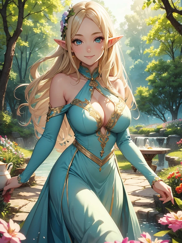 Beautiful elf woman in front、A friendly smile、Tea party、sexy、、elegant、22 years old、Beautiful eyes、atmosphere、Beautiful dress　cowboy shot,、Blonde、Lots of flowers、Spectacular Nature、landscape、Fantastic Light、magical gentle light、Big Breasts、(Big Bust 100！)、ART、UHD、highest quality、masterpiece、