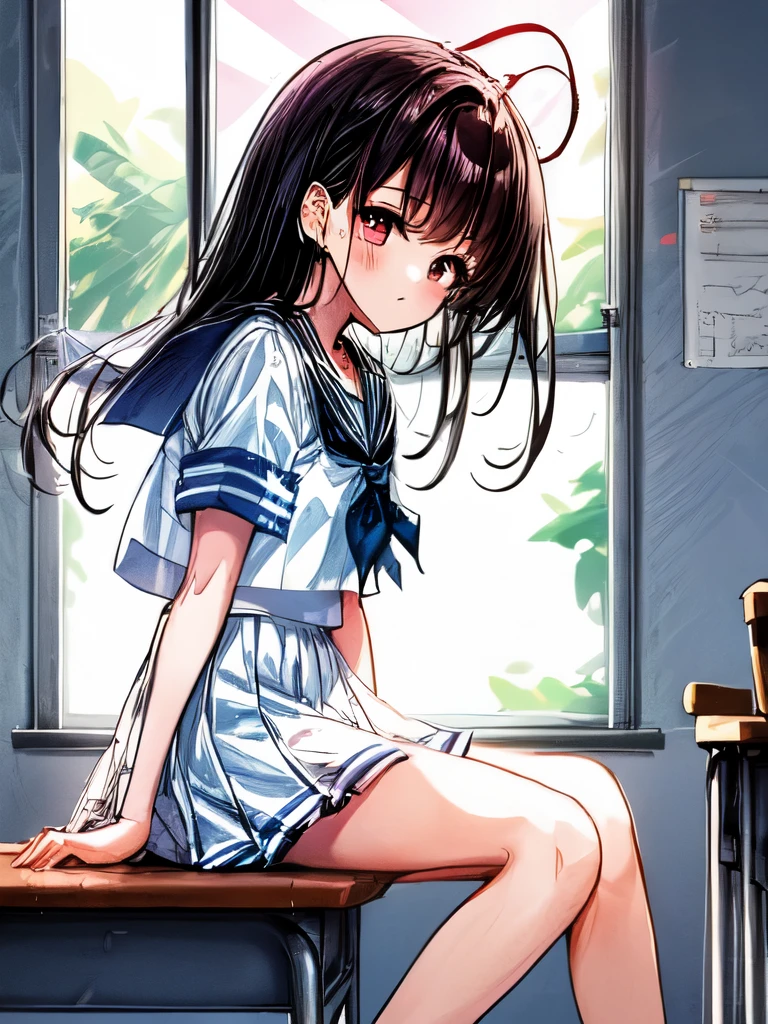 (masterpiece, 4K resolution, Ultra-realistic, Very detailed), girl、、、 shortsleeve serafuku,Sit on a chair、classroom、Holding white panネクタイs with both hands、smile、Black Hair, twintail、Brown eyes,holding panネクタイs,presenting panネクタイs.Perfect Fingers、Holding panties , beautiful face