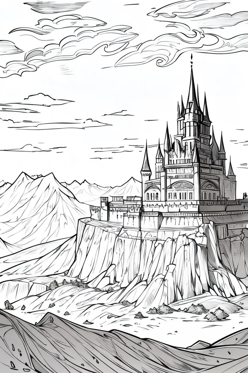 medieval dnd fantasy castle, castle on a hill, mountains in the background