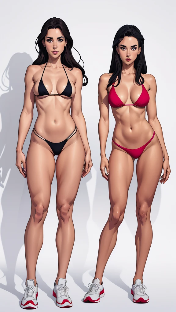 a woman in a bikini and sneakers next to another woman, anime illustration , proportions , beautiful arte conceitual de corpo inteiro, realistic bikini, retrato de corpo inteiro de um curta!Cartoon style very detailed face style digital illustration artgerm style, Arte conceitual de anime, Full body illustration, detailed arte conceitual de corpo inteiro, design de personagens de corpo inteiro, arte conceitual de, arte detalhada de personagem de anime, corpo completo do personagem, full body photos Jennifer Connelly style Cartoon style digital illustration artgerm style portrait style