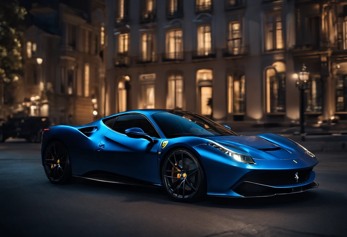 1car, Ferrari car, black mirror, blue colour car cover set, out night background city, zoom out buildings and lights,