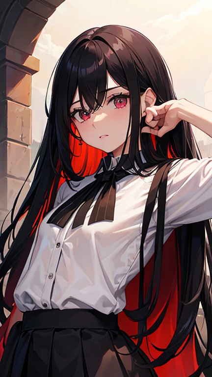 Obra maestra, muy detallado, ultra detallado, solo, (1 mujer), Onee-san, maduro, pelo largo, cabello rosado, mujer adulta, mujer demonio, vampiro, cuernos de demonio negro complejos, hermoso, encantador, ojos rojos, elegant, pecho grande, encantador, Espeluznante, deslumbrador, cruel, ropa casual, autoritario, (Science fiction), (modern ropa casual), (ropa educada), (cerrar la ropa), (ropa del futuro), (ropa negra), model, retrato de medio cuerpo