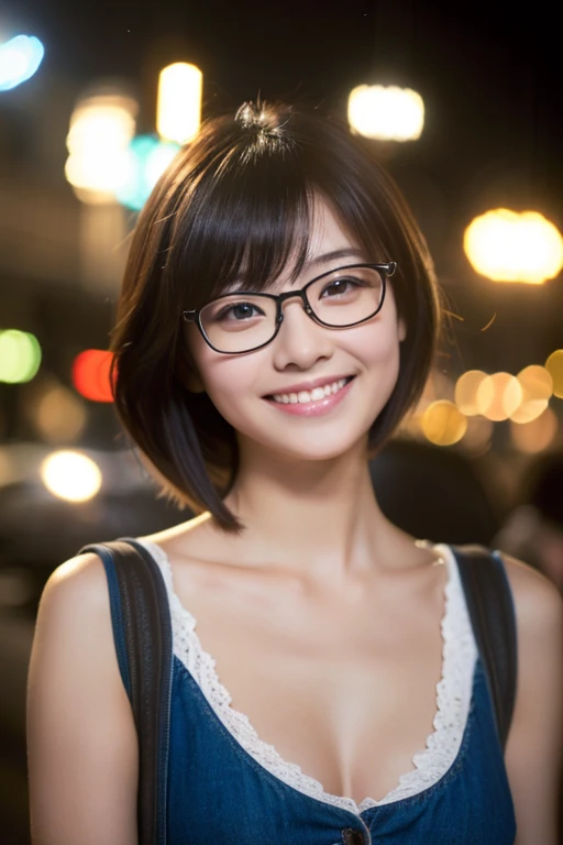 Japanese girl wearing casual clothes at the shopping mall, Looking at the audience, posing with a smile (highest quality, masterpiece))), High resolution, Very detailed, masterpiece, Cinema Lighting, (8k, highest quality, masterpiece: 1.2), (Realistic, photoRealistic: 1.37) High resolution, Very detailed, 1 girl, Woman wearing glasses, Round glasses with thin frames, Light colored eyeglass frames, Asian, cute, cute face, alone, short hair 1.2, Rough skin, beautiful smile, Beautifully detailed skies, Details Cafe, night, Cinema Lighting, Written boundary depth, Lens flare light, Sitting, On a date, (blush), (smile: 1.15), Small breasts (Mouth closed), Beautiful eyes in every detail, (short hair: 1.2), Floating Hair Nova Frog Style,