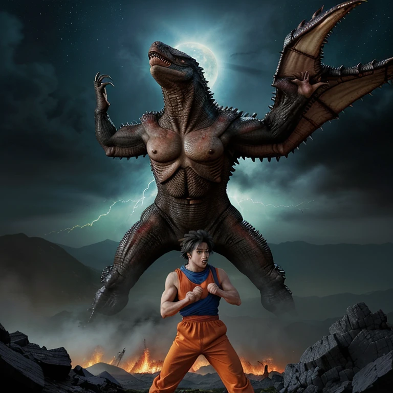 Goku lutando contra godzilla com uma faca