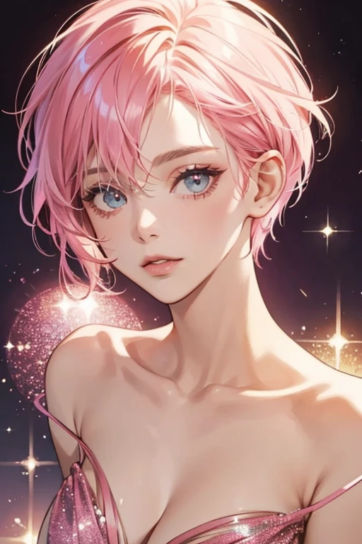 She is a  pink  messy pink hair styled into a pixie cut on the top of her head. SPARKLE; GLITTER