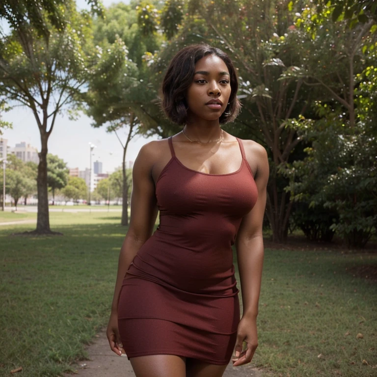 (a beautiful young black girl, well-built, with dark brown skin, , weighing 105 kg,brown eyes, short blonde hair, and thin, full lips, wearing a tight-fitting short red dress, standing in a park)