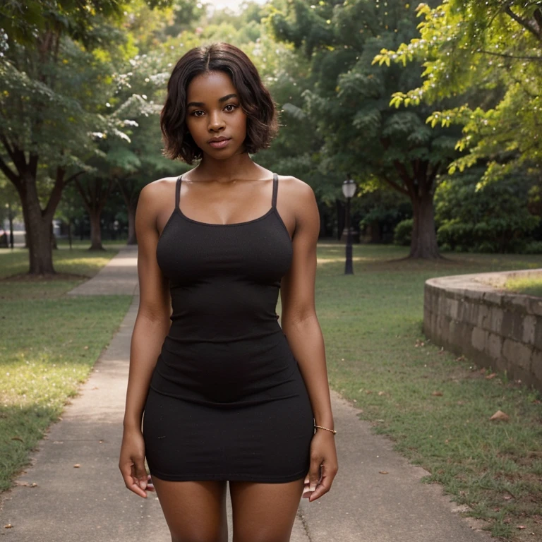 (a beautiful young black girl, well-built, with dark brown skin, , weighing 105 kg,brown eyes, short blonde hair, and thin, full lips, wearing a tight-fitting short red dress, standing in a park)