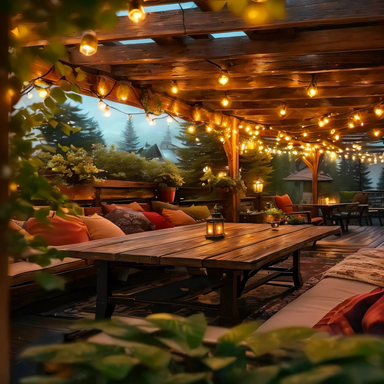 a close up of a table with a lot of lights on it, cozy setting, cozy place, cozy atmosphere, cozy environment, cozy lights, pleasant cozy atmosphere, cozy and peaceful atmosphere, beautiful ambiance, cozy atmospheric, cozy lighting, cosy atmoshpere, beautiful terrace, cottagecore hippie, comfy ambience, cosy atmosphere, summer lighting, afternoon hangout