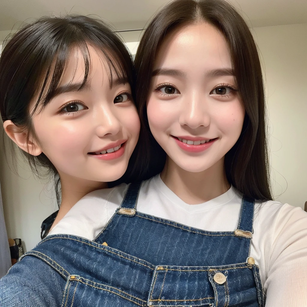 ((Realistic, high-resolution: 1.2)), 1 girl, smile: 1.1, white top: 1.1, suspender jeans: 1.1, direct gaze: 1.2. A beautifully captured moment, showcasing the genuine expression of happiness on a young woman's face. She wears a simple yet elegant white blouse and suspender jeans, exuding confidence and a playful charm. Her gaze is fixed directly onto the camera lens, capturing the essence of the image and the spirit of the moment.