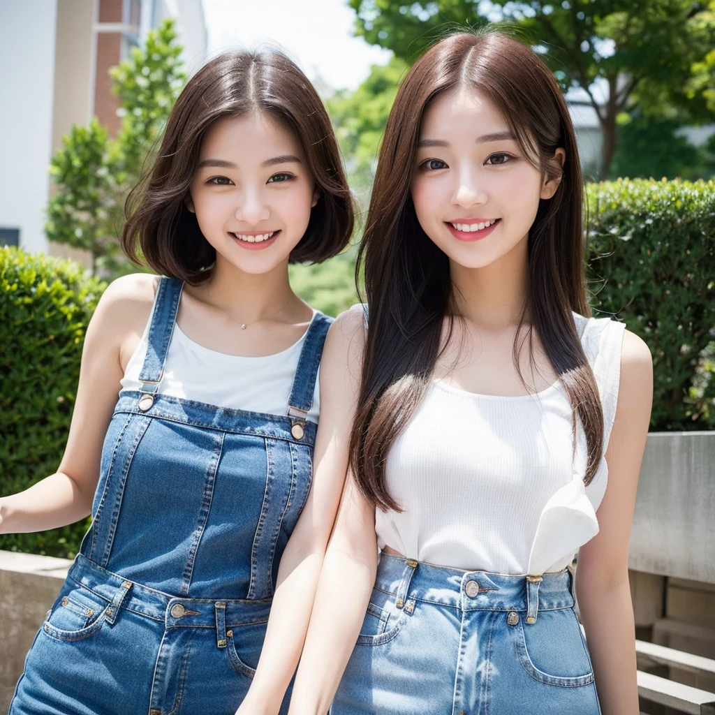 ((Realistic, high-resolution: 1.2)), 1 girl, smile: 1.1, white top: 1.1, suspender jeans: 1.1, direct gaze: 1.2. A beautifully captured moment, showcasing the genuine expression of happiness on a young woman's face. She wears a simple yet elegant white blouse and suspender jeans, exuding confidence and a playful charm. Her gaze is fixed directly onto the camera lens, capturing the essence of the image and the spirit of the moment.
