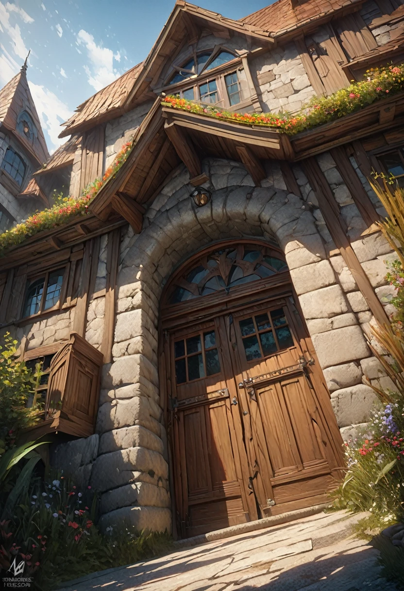 Ultra-Real 8K, Super detailed, ((no man)), (Hyper Detail, Dynamic Camera), (Wide-angle), (Vivid colors and saturation), (Trending on Artstation),anime style, entrance, Western style, Luxury House, middle ages