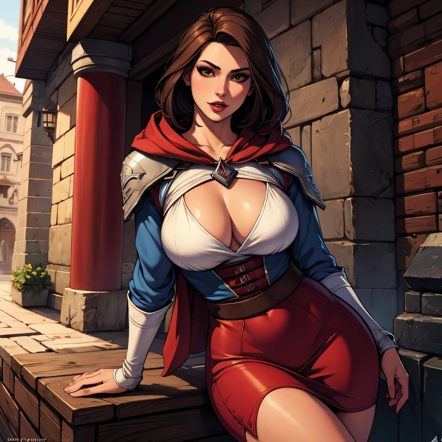 La mujer, Стиль Assassin's Creed, ropa corta, poca ropa, botas hasta la rodilla, Pulseras en las piernas, Ciudad medieval al fondo, Renacimiento, muy detallado, Realistic long-term photography., 4k, pelo largo, brown hair, By the chestnut, labios rojos, Chica con traje de Assassin's Creed Altair con capucha, hood, Assassin symbol's Creed en la cintura, sexy,red lips, brown eyes, big breasts, pechos grandes, breasts