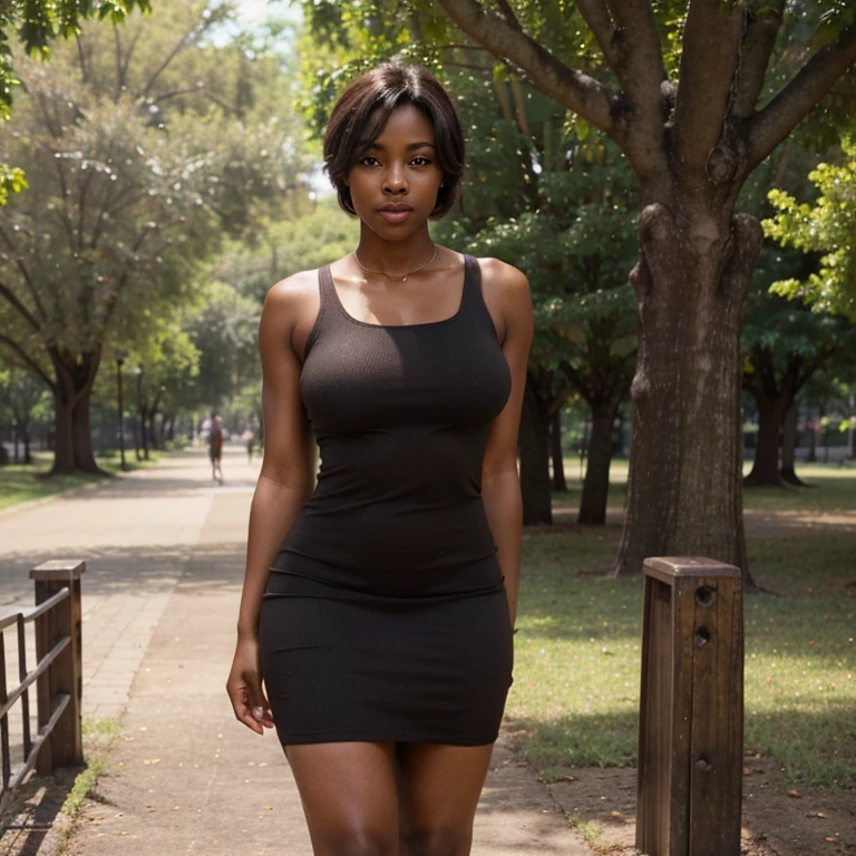 (a beautiful young black girl, well-built, with dark brown skin, , weighing 125 kg,brown eyes, short blonde hair, and thin, full lips, wearing a tight-fitting short red dress, standing in a park)