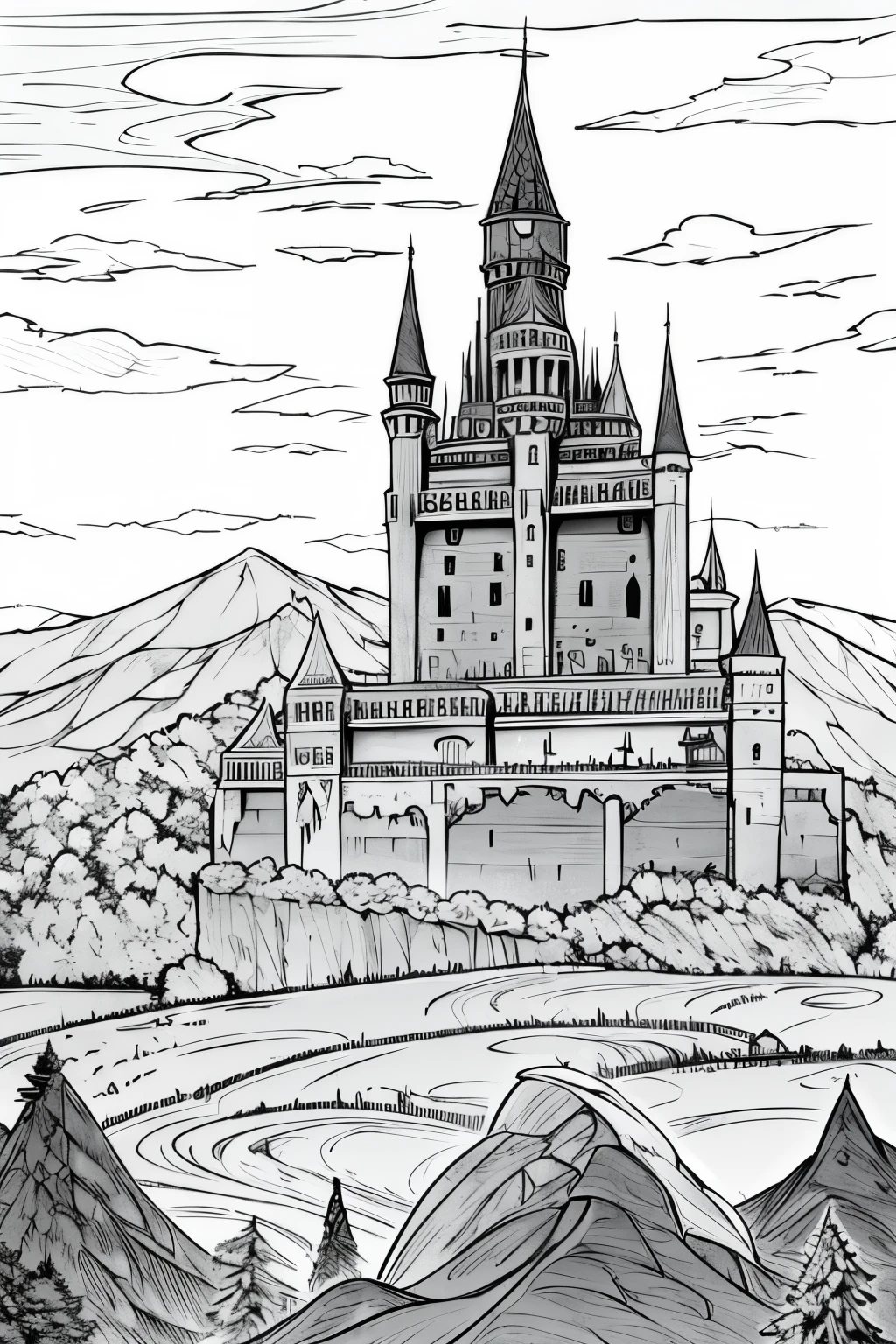 medieval dnd fantasy castle, castle on a hill, mountains in the background, very light colored grey scale