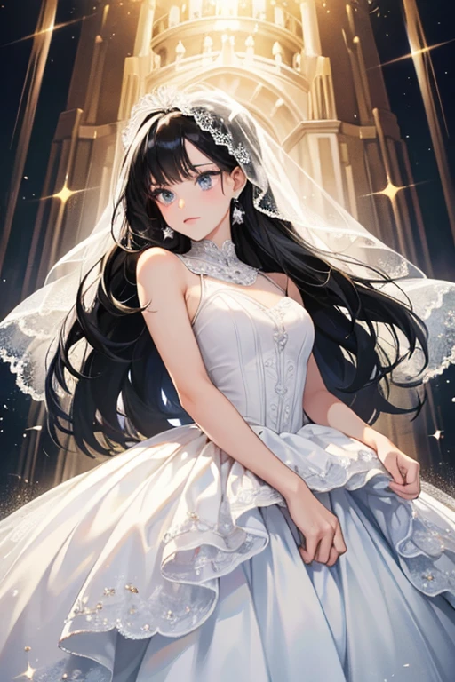she has tall black hair with white lightning stripes. She wears a white wedding dress. SPARKLE; GLITTER