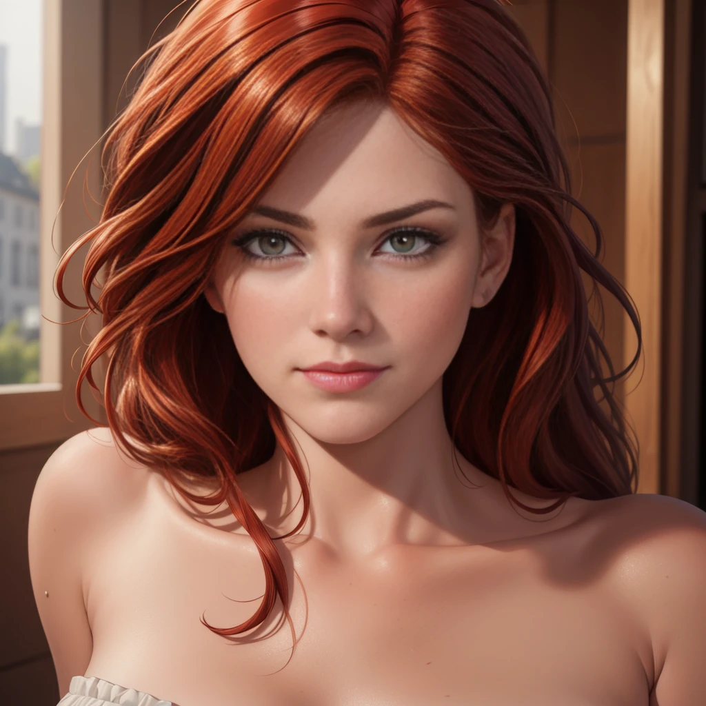 Hyperrealistic art portrait, pretty woman, red hair, perfect face, Extremely high-resolution details, photographic, realism pushed to extreme, fine texture, incredibly lifelike, sharp, extreme detailed, HD, HDR, masterpiece, 8k, fine art, oil painting, best quality, best resolution, vivid colors, detailed, sharp, HD, HDR, best quality, best resolution