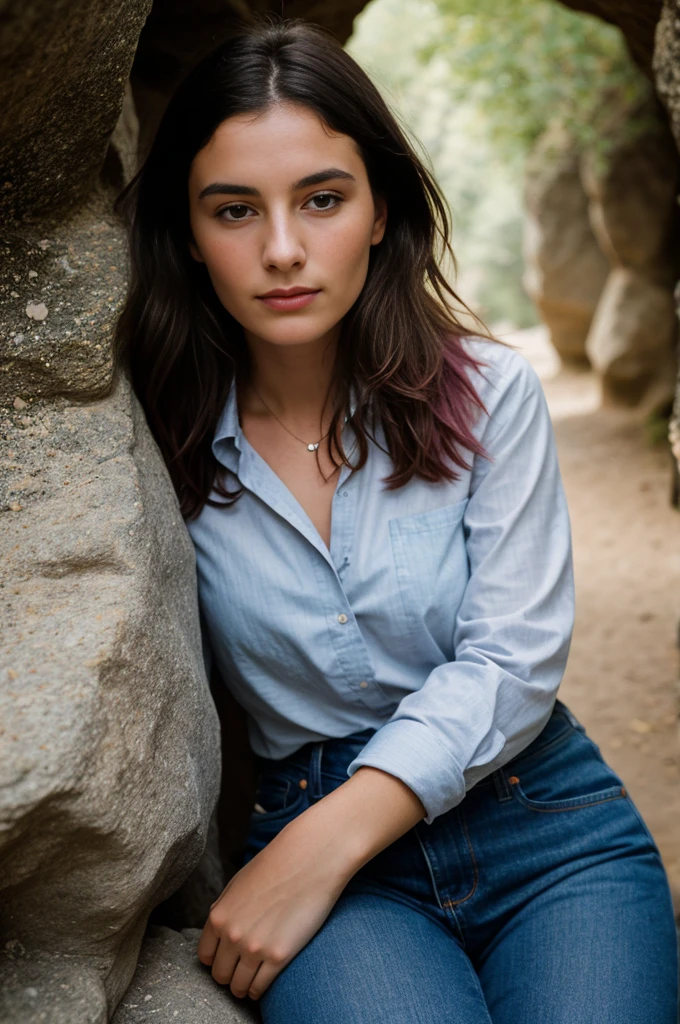 photographie d'une femme, (expression faciale troublée), textured skin, chair de poule, cheveux avec foulard rose, chemise en flanelle à carreaux avec un jean boyfriend vieilli, tir de cow-boy, dark and mysterious cave with unique rock formations and hidden wonders, yeux parfaits, (aux chandelles,clair-obscur), Support 160 couleurs, shot on ARRI ALEXA 65, Bokeh, mise au point nette sur le sujet, tourné par Don McCullin
