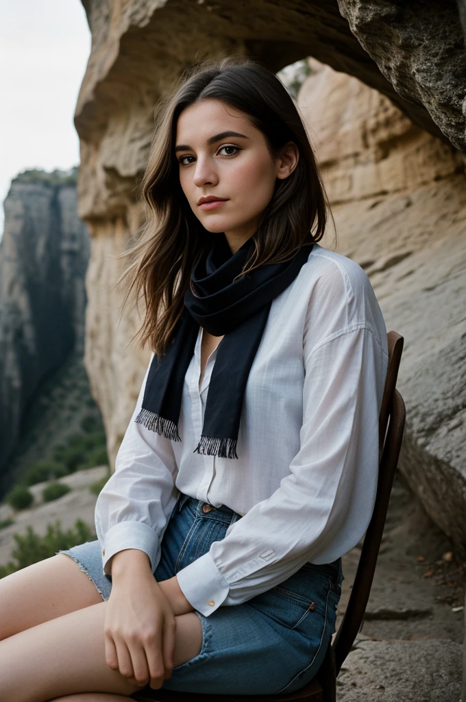 photographie d&#39;une femme, (expression faciale troublée), textured skin, chair de poule, cheveux avec foulard rose, chemise en flanelle à carreaux avec un jean boyfriend vieilli, tir de cow-boy, dark and mysterious cave with unique rock formations and hidden wonders, yeux parfaits, (aux chandelles,clair-obscur), Support 160 couleurs, shot on ARRI ALEXA 65, Bokeh, mise au point nette sur le sujet, tourné par Don McCullin
