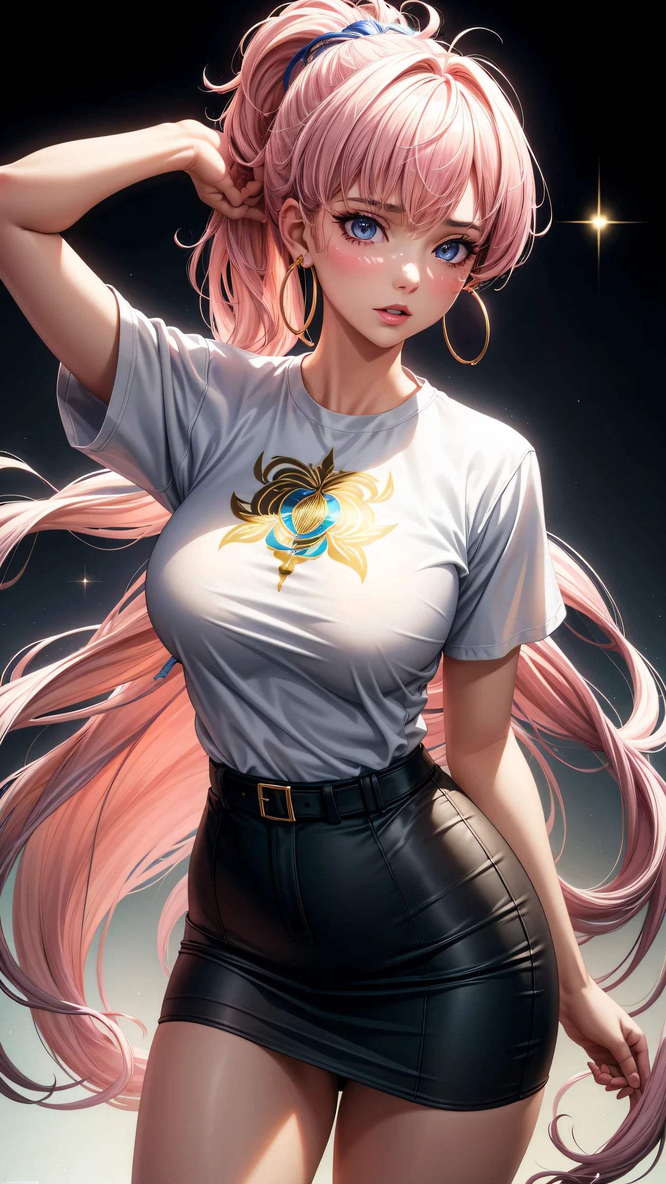 (best quality:1.5, highres, UHD, 4K, detailed lighting, shaders), white curly floral haired, gradient hair, large breasts, suit, T-shirt, social shirt, short skirt, mature woman , (pov), white background, colorful eyeshadow, dramatic lighting, sparkling eyes, sensual expression, golden earrings, flowing hair, delicate facial features, soft skin, high cheekbones, urban setting, black background, dont look for the camera, lean forward,  behind  the camera